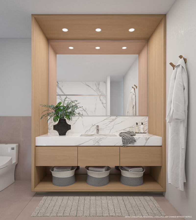 Rain showers in primary bathrooms and custom Italian vanities